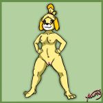  1:1 animal_crossing anthro artist_anuphi border breasts canid canine canis domestic_dog female genitals green_border hi_res isabelle_(animal_crossing) mammal nintendo nipples nude pussy shih_tzu simple_background smile solo toy_dog video_games 