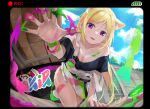  1girl absurdres aki_rosenthal animal_ear_fluff animal_ears bangs bare_shoulders blonde_hair blush braid breasts cleavage collarbone extra_ears fingernails highres hololive looking_at_viewer nail_polish open_mouth outdoors pink_nails purple_eyes recording solo virtual_youtuber yoshikawa_hiro 