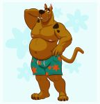  2020 anthro belly big_belly black_spots border bottomwear brown_body brown_fur canid canine canis clothed clothing domestic_dog fur great_dane grin hand_behind_head hanna-barbera hi_res lizard_soup looking_away male mammal mastiff molosser moobs musclegut muscular muscular_anthro muscular_male navel nipples plantigrade scooby-doo scooby-doo_(series) shorts slightly_chubby smile solo spots spotted_body spotted_fur topless white_border 