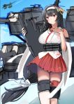  1girl aircraft airplane black_hair cowboy_shot detached_sleeves epaulettes floral_print fusou_(kantai_collection) hair_ornament hand_on_own_chest headband kantai_collection long_hair looking_to_the_side machinery mizuki_eiru_(akagi_kurage) red_eyes remodel_(kantai_collection) solo standing 