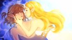  1boy 1girl blonde_hair breasts chest dress earrings gown green_eyes highres jewelry link long_hair no_shirt pointy_ears ponytail princess_zelda saintseby shirtless signature the_legend_of_zelda the_legend_of_zelda:_breath_of_the_wild topless water 