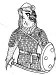  2016 ambiguous_gender anthro armor belt black_and_white black_nose cheek_tuft eyelashes eyeliner facial_tuft female half-length_portrait headgear helmet hyaenid makeup mammal melee_weapon monochrome nyusaba_al-hyenzwar portrait saber sabre_(disambiguation) scale_mail scar shamshir shield simple_background smile solo spiff spotted_hyena sword teeth tuft weapon white_background 