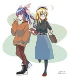  2girls alternate_costume bag bangs black_footwear black_legwear black_sweater blonde_hair blue_hair blue_skirt blush book boots breasts candy eyebrows_visible_through_hair food glasses hair_ribbon hat highres holding holding_book i-19_(kantai_collection) i-8_(kantai_collection) infini kantai_collection leg_up lollipop long_hair long_sleeves low_twintails mouth_hold multiple_girls pantyhose pink_eyes pink_hair red-framed_eyewear red_footwear red_legwear ribbon shorts shoulder_bag simple_background skirt sleeves_past_wrists smile sweater tights_day turtleneck turtleneck_sweater twintails two-tone_background white_headwear 