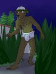  3:4 anthro backwards_baseball_cap baseball_cap blush briefs bulge canid canine canis clothed clothing domestic_dog fuze garden hat headgear headwear hi_res luis_(fuze) male mammal navel night nipples outside sneaking solo tighty_whities topless underwear underwear_only white_clothing white_underwear 