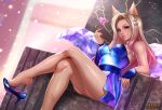  1girl ahri animal_ears arm_rest artist_name bare_legs blonde_hair blue_dress blue_eyes blue_gloves blue_skirt breasts crossed_legs dress exlic fingerless_gloves fingernails fox_ears gloves hair_ornament heart high_heels k/da_(league_of_legends) k/da_ahri league_of_legends looking_at_viewer medium_breasts multicolored_hair parted_lips patreon_username pink_heart pink_lips pink_nails shiny shiny_skin shoe_dangle sitting skirt smile solo thighs two-tone_hair watermark web_address 