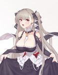  1girl absurdres azur_lane bangs bare_shoulders between_breasts black_dress black_nails black_ribbon blush breasts cleavage clothing_cutout collarbone commentary_request cowboy_shot cross-laced_cutout detached_collar dress earrings eyebrows_visible_through_hair fingernails formidable_(azur_lane) frilled_dress frills gradient gradient_background grey_background grey_hair hair_ribbon highres jewelry large_breasts long_hair long_sleeves looking_at_viewer nail_polish open_mouth red_eyes ribbon shoulder_cutout skirt_hold sleeves_past_wrists solo standing sugarhigh twintails two-tone_dress two-tone_ribbon upper_teeth very_long_hair white_background white_dress white_ribbon 