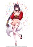  ahoge animal_ear_fluff anniversary bangs bare_shoulders bell black_hair body_writing braid breast_squeeze breasts chimachi confetti cosplay eyebrows_visible_through_hair fox_girl full_body heart highres japanese_clothes jingle_bell kimono kuzunoha_(youkai_hyakki-tan!) large_breasts long_braid long_hair long_sleeves miniskirt multicolored_hair nekomata_(youkai_hyakki-tan!) nekomata_(youkai_hyakki-tan!)_(cosplay) obi official_art pink_kimono pink_skirt purple_eyes red_sleeves ribbon-trimmed_legwear ribbon_trim sash side_slit single_braid skirt smile standing standing_on_one_leg stirrup_legwear tabi thighhighs toeless_legwear very_long_hair white_legwear wide_sleeves youkai_hyakki-tan! zettai_ryouiki 