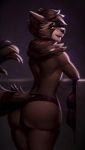  andyd anthro big_butt black_nose bra brown_body brown_fur bulge butt clothed clothing crossdressing fur girly hi_res lingerie looking_at_viewer looking_back looking_back_at_viewer male mammal panties procyonid raccoon ryai_(character) solo underwear white_body white_fur yellow_eyes 