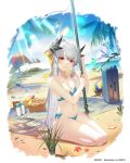  1girl artist_name bare_shoulders barefoot basket beach beach_towel beach_umbrella bikini black_horns blue_bikini border bow breasts cleavage collarbone dated dmith dragon_girl dragon_horns fate/grand_order fate_(series) hair_bow holding holding_spear holding_weapon horns kiyohime_(fate/grand_order) kiyohime_(swimsuit_lancer)_(fate) kneeling lens_flare long_hair looking_at_viewer multiple_horns ocean palm_tree polearm red_eyes silver_hair smile solo spear starfish suitcase swimsuit towel tree umbrella very_long_hair volleyball weapon white_border yellow_bow 