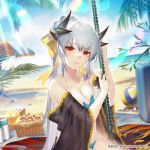  1girl artist_name bare_shoulders basket beach bikini black_horns black_kimono blue_bikini bow breasts cleavage collarbone dated dmith dragon_girl dragon_horns fate/grand_order fate_(series) hair_bow holding holding_spear holding_weapon horns japanese_clothes kimono kiyohime_(fate/grand_order) kiyohime_(swimsuit_lancer)_(fate) lens_flare long_hair looking_at_viewer multiple_horns ocean off-shoulder_kimono open_clothes open_kimono palm_tree polearm red_eyes silver_hair smile solo spear swimsuit tree very_long_hair volleyball weapon yellow_bow 