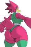  absurd_res angry anthro avian beak big_butt bird butt clothing curvaceous curvy_figure feathers female green_eyes hi_res huge_butt legwear leotard looking_at_viewer pink_body solo sssonic2 tail_feathers thick_thighs thigh_highs voluptuous wide_hips 