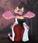  3_eyes 4_ears activision anthro big_breasts blue_eyes breasts cleavage clothed clothing collar commission_art dark dragon dress ember_(spyro) fabric female forest hi_res horn membrane_(anatomy) membranous_wings multi_ear multi_eye multicolored_body pink_body scalie solo spyro_the_dragon tree two_tone_body video_games wide_hips wings zelripheth 