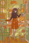  1girl black_sweater brown_eyes brown_hair cat chair food fruit glass highres holding holding_plate kitchen long_hair orange orange_footwear orange_skirt original plate ribbed_sweater seraphitalg skirt slippers solo sweater table turtleneck turtleneck_sweater 