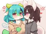  &lt;3 anthro big_ears black_hair blush canid canine clothed clothing dragon duo eating eigetsu feathered_wings feathers female female/female food fur furred_dragon green_body green_fur hair half-closed_eyes half-length_portrait horn kemono mammal multicolored_body multicolored_fur narrowed_eyes object_in_mouth pictographics pocky pocky_day portrait purple_eyes red_eyes shirt simple_background sweater teal_hair topwear two_tone_body two_tone_fur white_body white_fur wings 