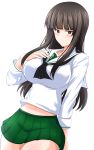  1girl absurdres aikir_(jml5160) alternate_costume bangs black_eyes black_hair black_neckwear blouse blunt_bangs blush closed_mouth dutch_angle frown girls_und_panzer green_skirt half-closed_eyes hand_on_own_chest highres long_sleeves looking_at_viewer mature midriff_peek miniskirt navel neckerchief nishizumi_shiho ooarai_school_uniform pleated_skirt sailor_collar school_uniform serafuku skirt solo standing straight_hair white_blouse white_sailor_collar 