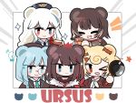  &gt;_o 5girls animal_ears aqua_eyes aqua_hair aqua_neckwear arknights bear_ears blonde_hair blue_coat blue_eyes blue_headwear blue_jacket blue_neckwear blush_stickers bow brown_coat brown_hair brown_jacket brown_shirt buttons candy_hair_ornament chibi closed_eyes coat commentary crown cup food_themed_hair_ornament frying_pan fur-trimmed_jacket fur_trim group_picture gummy_(arknights) hair_ornament happy hat heterochromia holding holding_cup holding_frying_pan holding_jar honey istina_(arknights) jacket jar leto_(arknights) monocle multicolored_hair multiple_girls necktie one_eye_closed open_mouth orange_eyes red_bow red_eyes red_neckwear rosa_(arknights) sailor_collar school_uniform serafuku shirt smile sparkle star_(symbol) star_hair_ornament streaked_hair symbol_commentary ursus_empire_logo white_hair white_sailor_collar x_hair_ornament xijian zima_(arknights) |_| 