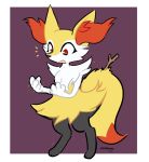  2017 ambiguous_gender anthro biped black_body black_fur black_nose border braixen canid canine cheek_tuft chest_tuft digitigrade dipstick_tail emanata facial_tuft fluffy fluffy_tail fur implied_transformation inner_ear_fluff looking_at_self mammal morgana_(artist) multicolored_tail nintendo open_mouth pok&eacute;mon pok&eacute;mon_(species) purple_background red_body red_eyes red_fur simple_background standing stick surprise tuft video_games white_body white_border white_fur yellow_body yellow_fur 