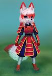  anthro armor blue_eyes canid canine female fox grass hi_res jamesfoxbr mammal smile solo standing 