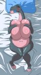  2019 alien anthro bed big_breasts bird&#039;s-eye_view blush breasts countershade_torso countershading covering covering_breasts covering_self dakimakura_design drawsputin female full-length_portrait furniture grey_body hi_res high-angle_view huge_breasts looking_at_viewer lying on_back on_bed overweight overweight_anthro overweight_female pink_countershading portrait solo star_wars thala-siren 