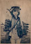  1girl anchor_symbol binoculars blush cannon closed_eyes dress flower hair_flower hair_ornament hat headgear headset kantai_collection long_sleeves machinery monochrome neckerchief ocean open_mouth outdoors remodel_(kantai_collection) rigging sailor_collar sailor_dress sailor_hat salute school_uniform sepia serafuku short_hair smile smokestack solo torpedo torpedo_launcher torpedo_tubes turret uniform watanore yukikaze_(kantai_collection) 