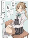  1girl akigumo_(kantai_collection) blazer brown_hair commentary_request cowboy_shot crossed_legs dress green_eyes grey_dress hair_ribbon highres jacket kantai_collection kirisaki_seeker long_hair looking_at_viewer mole mole_under_eye pleated_dress ponytail remodel_(kantai_collection) ribbon school_uniform sitting solo table translation_request 