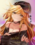  1girl alternate_costume ashu bangs bare_shoulders black_headwear black_shirt blonde_hair breasts choker cleavage closed_mouth collarbone commentary_request cosplay english_text eyebrows_visible_through_hair gradient gradient_background head_tilt hecatia_lapislazuli hecatia_lapislazuli_(cosplay) highres junko_(touhou) large_breasts long_hair long_sleeves looking_at_viewer multicolored multicolored_background nail_polish off-shoulder_shirt off_shoulder pulled_by_self red_nails shirt sleeves_past_wrists smile solo swept_bangs touhou upper_body yellow_eyes 