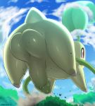  balls butt chikorita cloud diacordst dust dynamax feral genitals hi_res jumping macro male nintendo penis plant pok&eacute;mon pok&eacute;mon_(species) red_eyes solo tree video_games vines 