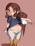  2020 animal_humanoid avian avian_humanoid beak belly bottomwear brown_hair clothing dave_from_next_door disembodied_hand duo female hair hi_res humanoid medli nintendo overweight pants red_eyes rito shirt simple_background the_legend_of_zelda topwear video_games wind_waker young 