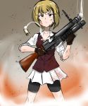  1girl absurdres anger_vein bangs bartender black_gloves blonde_hair blood blood_on_face blood_splatter bloody_clothes blunt_bangs bob_cut brown_eyes brown_vest closed_mouth commentary cutlass_(girls_und_panzer) dress_shirt eyebrows_visible_through_hair frown girls_und_panzer gloves gun highres holding holding_weapon long_sleeves looking_at_viewer maid_headdress miniskirt moesenyukikaze motion_blur pleated_skirt school_uniform shirt short_hair shorts shorts_under_skirt shotgun shotgun_shells skirt sleeves_rolled_up smoke solo standing sweatdrop trigger_discipline v-shaped_eyebrows vest weapon white_shirt white_skirt wing_collar 