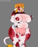  absurd_res anthro big_breasts bodily_fluids bovid bovine breasts cattle clothed clothing faizenek female hi_res lactating mammal overweight overweight_anthro overweight_female partially_clothed simple_background solo teats text udders url 