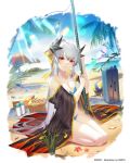  1girl artist_name bare_shoulders basket beach beach_towel beach_umbrella bikini black_horns black_kimono blue_bikini border bow breasts cleavage collarbone dated dmith dragon_girl dragon_horns fate/grand_order fate_(series) hair_bow holding holding_spear holding_weapon horns japanese_clothes kimono kiyohime_(fate/grand_order) kiyohime_(swimsuit_lancer)_(fate) kneeling lens_flare long_hair looking_at_viewer multiple_horns ocean off-shoulder_kimono open_clothes open_kimono palm_tree polearm red_eyes silver_hair smile solo spear starfish suitcase swimsuit towel tree umbrella very_long_hair volleyball weapon white_border yellow_bow 