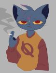  2020 anthro cigarette clothing domestic_cat felid feline felis female fingers hair half-closed_eyes head_tuft holding_object looking_at_viewer mae_borowski mammal narrowed_eyes night_in_the_woods red_eyes shirt smoking solo tehkaluc topwear tuft unimpressed video_games whiskers yellow_sclera 