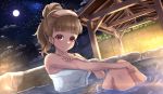  1girl bamboo_fence bangs bare_arms bare_shoulders blunt_bangs brown_hair closed_mouth cloud commentary_request dutch_angle eyebrows_visible_through_hair fence full_moon hair_bun highres hitachi_sou idolmaster idolmaster_cinderella_girls kamiya_nao knees_up long_hair looking_at_viewer moon naked_towel night night_sky onsen outdoors partially_submerged ponytail red_eyes sitting sky smile solo star_(sky) starry_sky thick_eyebrows towel water 