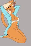  2020 anonymous_artist anthro bottomless bra caitian chest_tuft clothed clothing dr._t&#039;ana felid female fur grey_background hands_behind_head hi_res mammal mature_female one_eye_closed open_clothing open_shirt open_topwear orange_body orange_fur shirt simple_background solo star_trek star_trek_lower_decks stretching tired topwear tuft underwear 