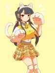  1girl animal_ears arms_up bell bella_(some_witty_user) black_eyes black_hair blush cat_ears cat_girl cat_lingerie cat_paws commentary dot_mouth dot_nose english_commentary highres jingle_bell knees_together komi-san_wa_komyushou_desu komi_shouko legs_together long_hair looking_at_viewer low_twintails meme_attire midriff motion_lines navel nyan over-kneehighs paw_pose paws plaid plaid_skirt raglan_sleeves revision simple_background skirt solo standing thighhighs thighs tired twintails white_legwear white_tail wide_sleeves yellow_background yellow_crop_top yellow_skirt 