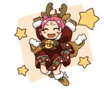  1girl antlers arms_up artist_name bell boots brown_gloves cape dress eyes_closed fa facial_mark fire_emblem fire_emblem:_fuuin_no_tsurugi fire_emblem_heroes forehead_mark full_body fur_trim gloves long_sleeves mamkute nintendo open_mouth purple_hair reindeer_antlers short_hair sksk7r solo star 