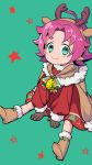  1girl antlers bell boots brown_gloves cape closed_mouth dress fa fire_emblem fire_emblem:_fuuin_no_tsurugi fire_emblem_heroes full_body fur_trim gloves green_background green_eyes highres long_sleeves mamkute nichihamueasler nintendo pointy_ears purple_hair reindeer_antlers short_hair simple_background sitting smile solo 