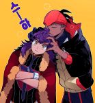  2boys black_hair black_hoodie cape champion_uniform closed_eyes closed_mouth crossed_arms dark_skin dark_skinned_male dynamax_band earrings expressionless facial_hair fingernails gloves gym_leader hood hoodie jewelry korean_text lemonmelon00 leon_(pokemon) long_hair male_focus multiple_boys orange_background pokemon pokemon_(game) pokemon_swsh purple_hair raihan_(pokemon) red_cape shirt shorts single_glove smelling_hair yaoi yellow_eyes 