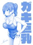  1girl blue_theme breasts cleavage collarbone commentary_request eyebrows_visible_through_hair hands_on_hips highres kaedeko_(kaedelic) large_breasts monochrome one-piece_swimsuit original saki_sasaki_(kaedeko) school_swimsuit short_hair signature solo standing swimsuit twintails wet 