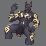  1:1 2020 abs anthro anubian_jackal balls beckoning biceps black_body canid canine canis egyptian flaccid foreskin genitals gesture grey_background hi_res humanoid_genitalia humanoid_penis jackal looking_at_viewer male mammal markings mr._frenzy muscular muscular_anthro muscular_male navel nipple_piercing nipple_ring nipples nude pecs penis piercing red_sclera simple_background sitting smile solo uncut yellow_markings 