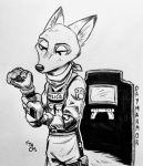  2020 absurd_res anthro canid canine clothed clothing disney fox fully_clothed fur hi_res inktober inktober_2020 male mammal monochrome nick_wilde red_fox riot_shield simple_background solo theblueberrycarrots white_background zootopia 