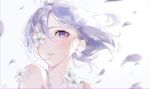  1girl artist_name floating_hair flower flower_over_eye highres one_eye_covered original parted_lips short_hair silver_eyes silver_hair solo towor_n white_flower 