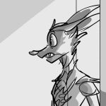  1:1 2020 animatronic anthro black_and_white canid canine cheek_tuft confusion eye_patch eyewear facial_tuft five_nights_at_freddy&#039;s fox foxy_(fnaf) kinoselynn long_ears machine male mammal monochrome open_mouth pupils robot sharp_teeth side_view slit_pupils solo teeth tuft video_games 
