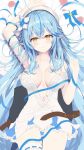  1girl arm_up armpits bangs bed_sheet belt beret blue_hair blue_skirt blush braid breasts collarbone commentary_request corset dakimakura elf eyebrows_visible_through_hair flower french_braid frilled_skirt frills hair_between_eyes hair_flower hair_ornament hat hololive long_hair looking_at_viewer lying medium_breasts on_back pointy_ears rin_yuu shirt sidelocks skirt solo thighhighs white_headwear white_shirt work_in_progress yellow_eyes yukihana_lamy 