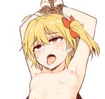  1girl ahegao armpits arms_up blonde_hair bound bound_wrists breasts collarbone commentary_request empty_eyes flandre_scarlet medium_breasts miyo_(ranthath) nipples nude open_mouth red_eyes rolling_eyes rope side_ponytail simple_background solo sweat tongue tongue_out touhou white_background 