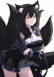  1girl absurdres animal_ears arms_under_breasts bangs black_dress black_hair blue_ribbon breast_rest breasts cleavage closed_mouth cowboy_shot crossed_arms dress fox_ears fox_girl fox_tail hair_between_eyes highres kyuubi large_breasts leaning_forward long_hair long_sleeves looking_at_viewer multiple_tails orange_eyes original ppiya ribbon sidelocks simple_background smile solo tail very_long_hair white_background 