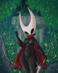  4:5 5_fingers absurd_res anthro arthropod black_body breasts clothing female fingers genitals hi_res holding_object holding_weapon hollow_knight hornet_(hollow_knight) insect looking_at_viewer mostly_nude navel nipples non-mammal_breasts pussy solo standing team_cherry unknown_artist vessel_(species) video_games weapon 