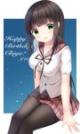  1girl :d arm_support bangs black_hair black_legwear black_ribbon blunt_bangs blush breasts brown_sailor_collar brown_skirt character_name collarbone dated eyebrows_visible_through_hair feet_out_of_frame gochuumon_wa_usagi_desu_ka? green_eyes happy_birthday highres hoto_cocoa&#039;s_school_uniform long_hair looking_at_viewer medium_breasts neck_ribbon open_mouth pantyhose pizzzica plaid plaid_sailor_collar plaid_skirt pleated_skirt ribbon sailor_collar school_uniform serafuku shirt short_sleeves sidelocks sitting skirt smile solo ujimatsu_chiya very_long_hair white_shirt 