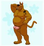 anthro balls belly blush border canid canine canis claws domestic_dog erection genitals great_dane hand_behind_head hanna-barbera hi_res lizard_soup looking_away male mammal mastiff molosser muscular muscular_anthro muscular_male nipples nude overweight overweight_anthro overweight_male penis pubes scooby-doo scooby-doo_(series) slightly_chubby smile solo spots white_border 