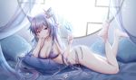  1girl absurdres bare_legs barefoot bed bed_sheet bedroom bra breasts cleavage double_bun flower genshin_impact highres keqing legs looking_at_viewer lying medium_breasts on_bed on_side on_stomach panties purple_bra purple_eyes purple_hair side-tie_panties so_tsubasa soles toes twintails underwear untied untied_panties window 